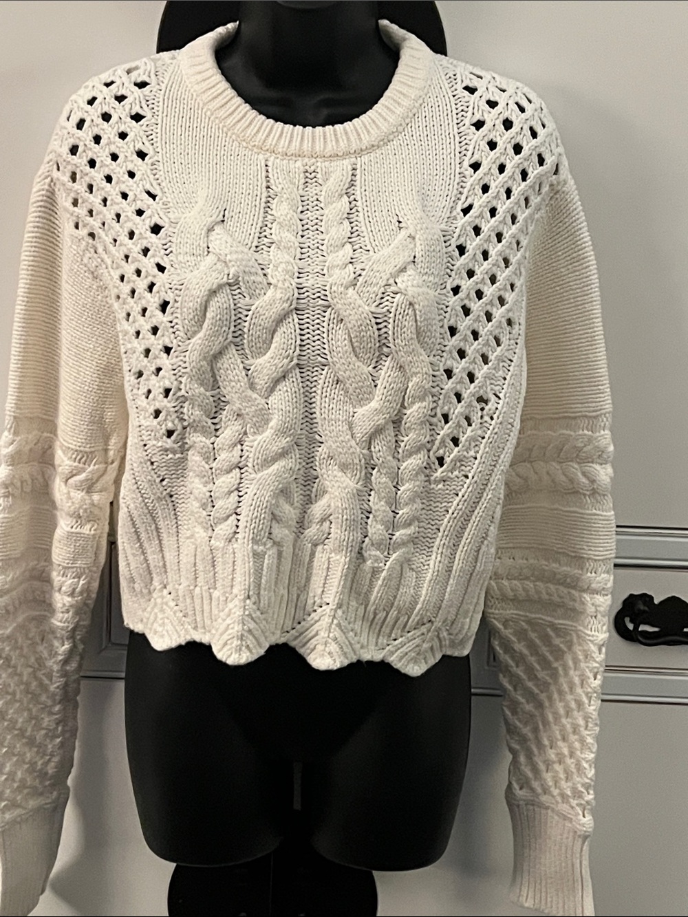 Cable Knit Crewneck Sweater - White